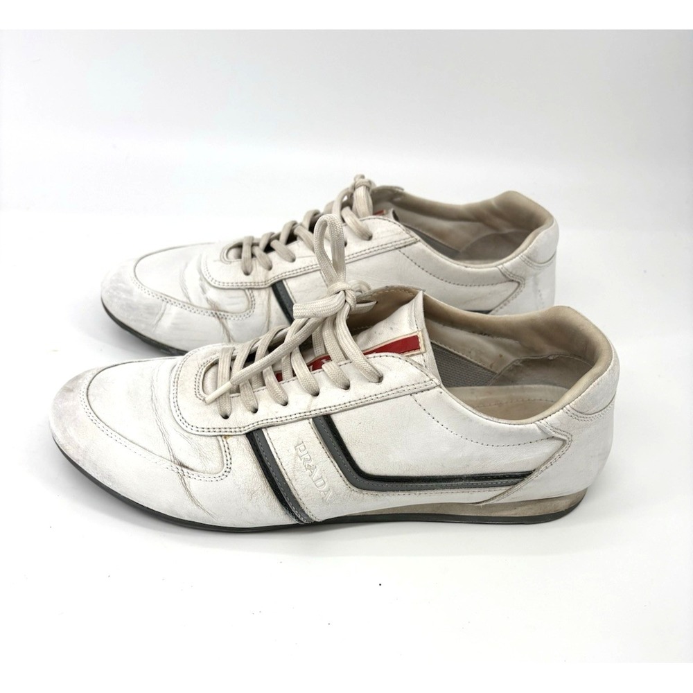Prada Linea Rossa Mens White Calfskin Leather Sneakers 4E2735 Size 9 US Red Tab